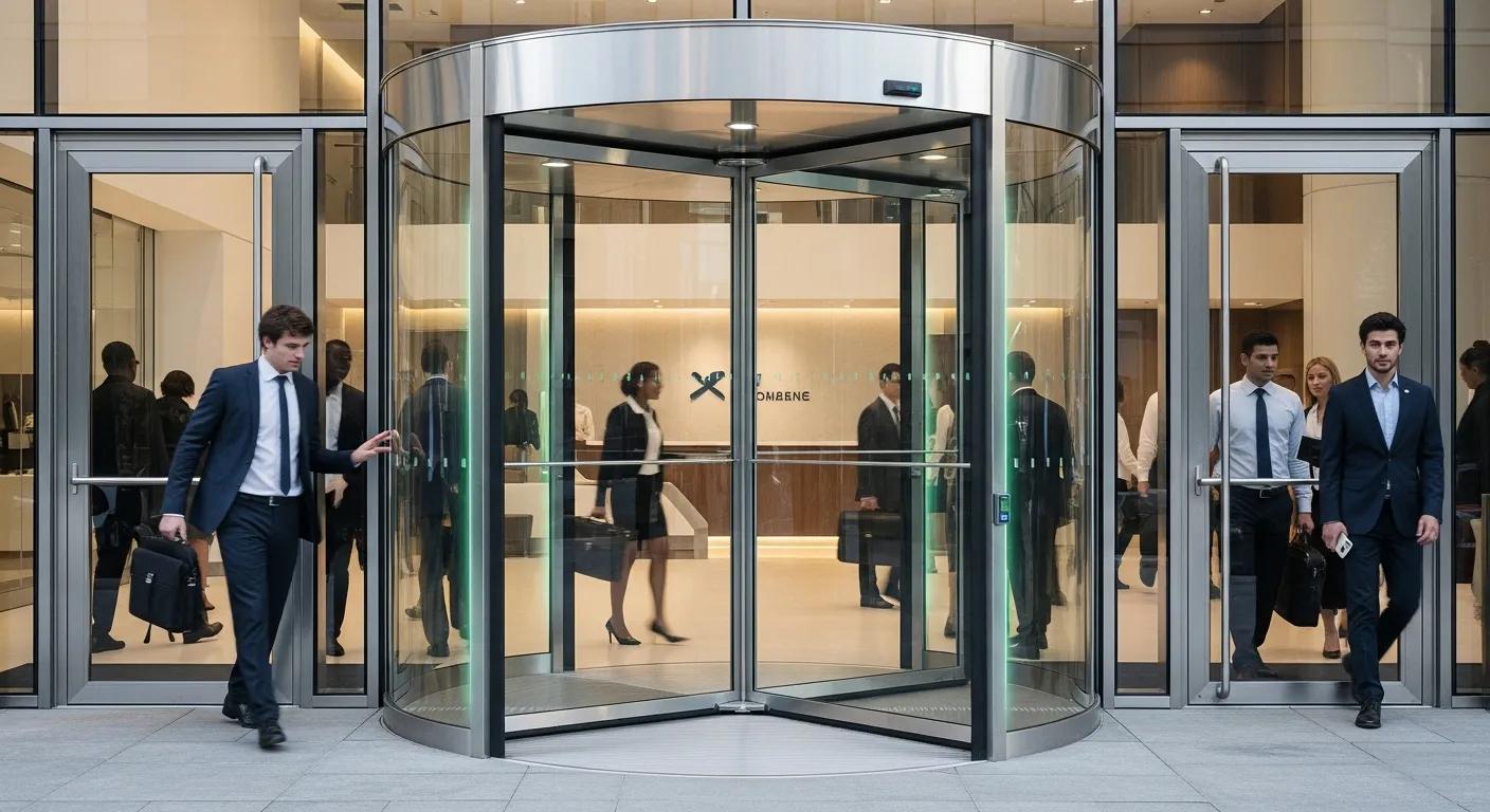 Modern revolving door at a commercial building entrance, highlighting energy efficiency and customer experience