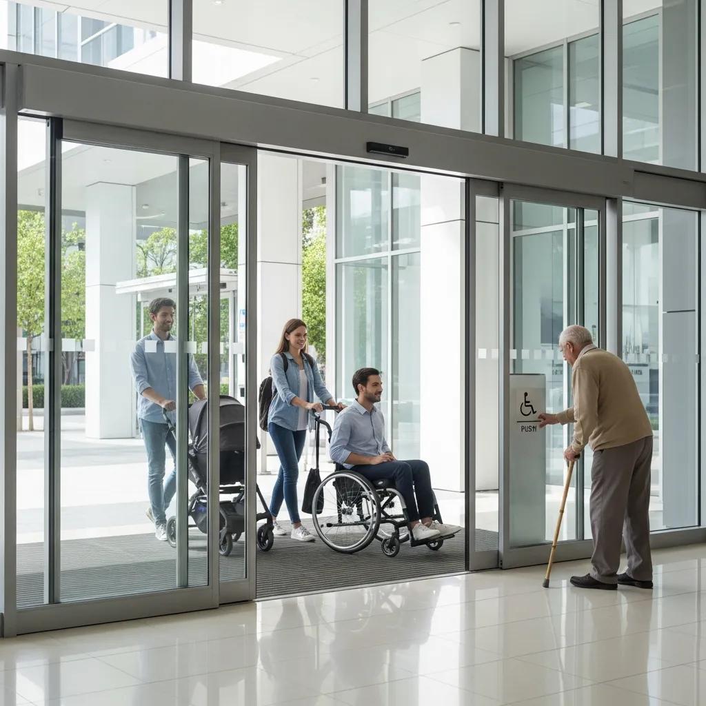 Automatic sliding doors at a commercial entrance, showcasing accessibility and ease of use