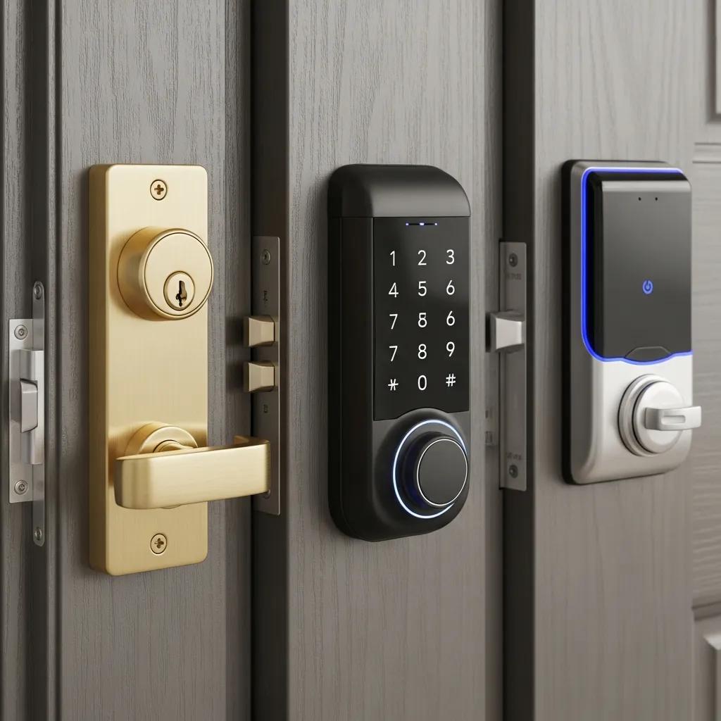 Close-up of commercial deadbolts and electronic access hardware