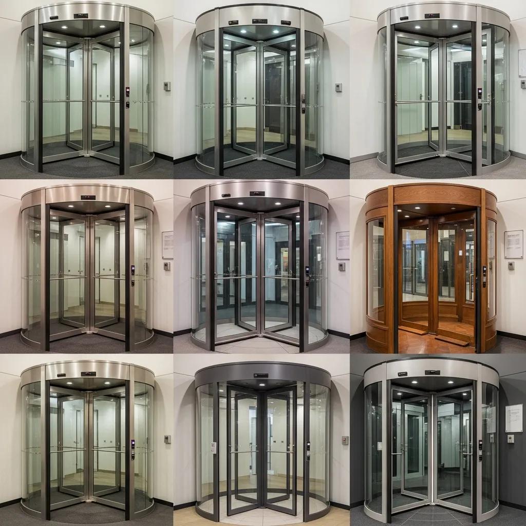 Collage of various commercial revolving door designs, highlighting styles and materials