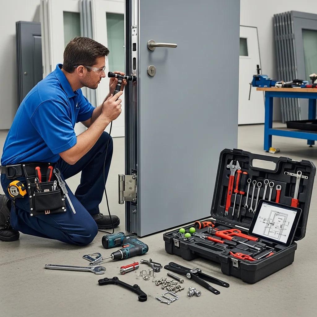 Technician inspecting a commercial door with tools in a workshop setting