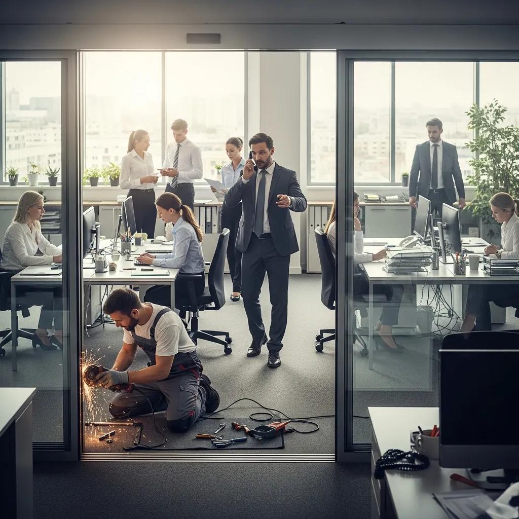 Technician repairing a malfunctioning door in a busy office, illustrating the importance of timely repairs