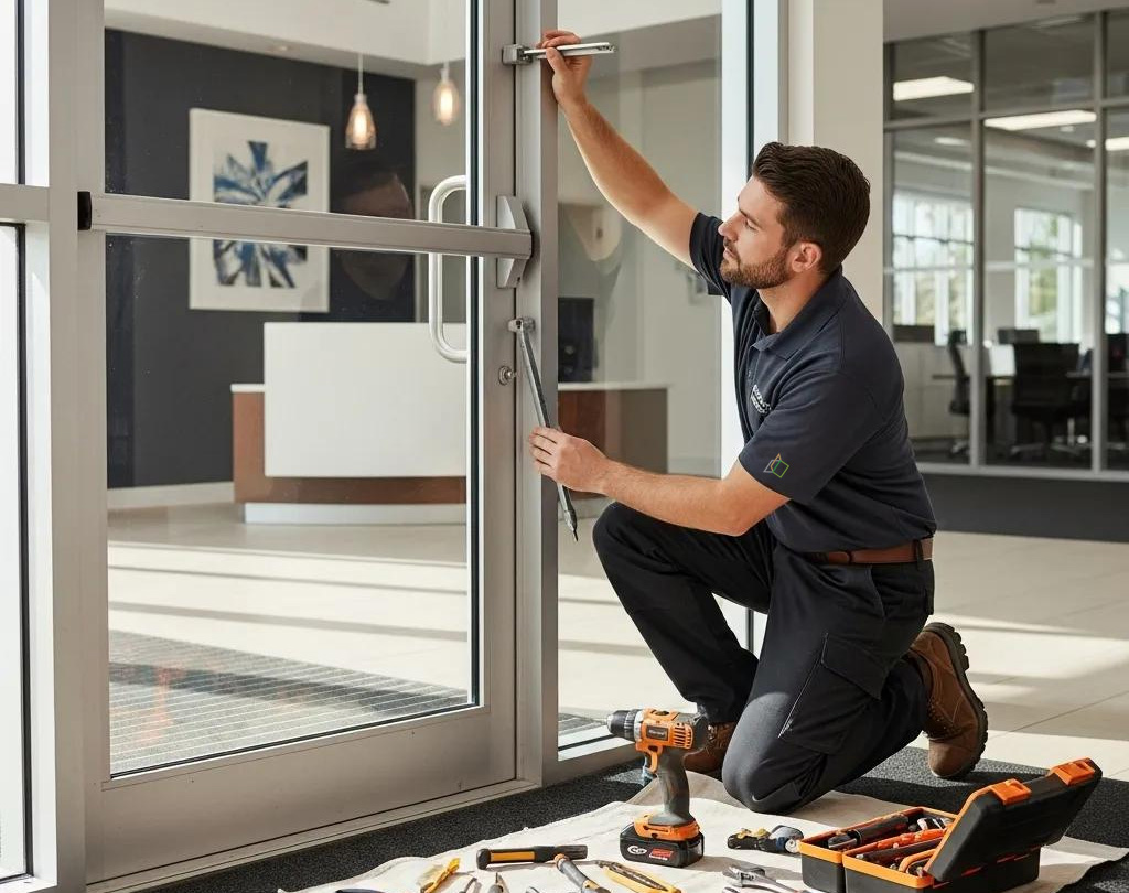 Commercial door repair technician working on a business door, highlighting maintenance importance