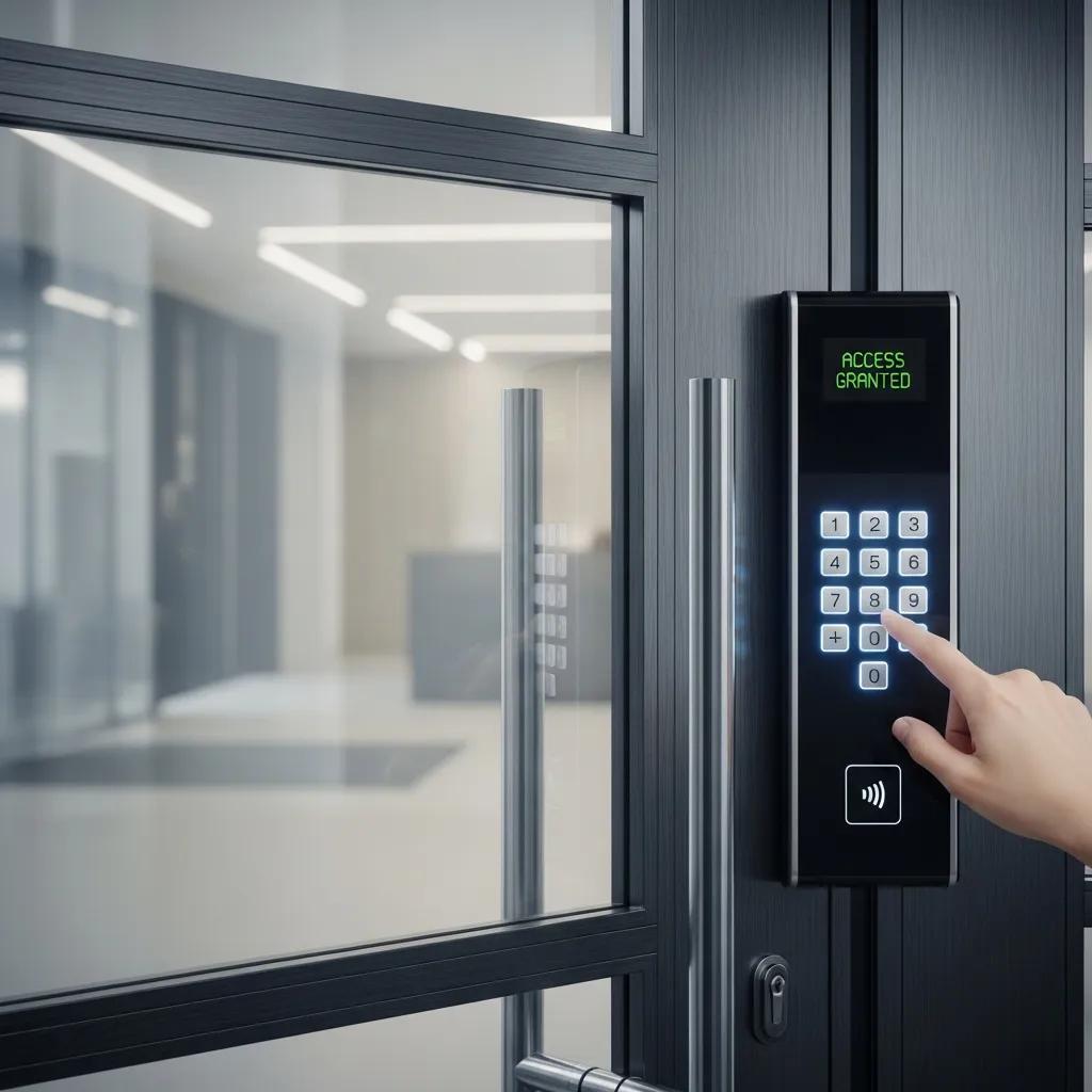 Electronic access control system with keypad and card reader on a commercial door, showcasing modern security technology and access management.