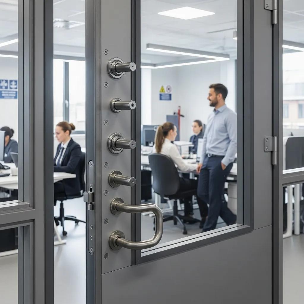 Employees feeling secure behind a commercial security door, showcasing safety enhancements