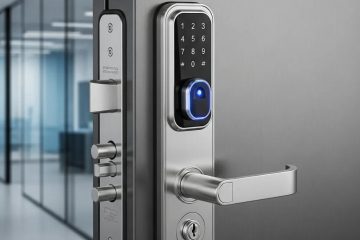 High-security locking mechanism on a commercial door, showcasing advanced technology and robust design for enhanced business security.