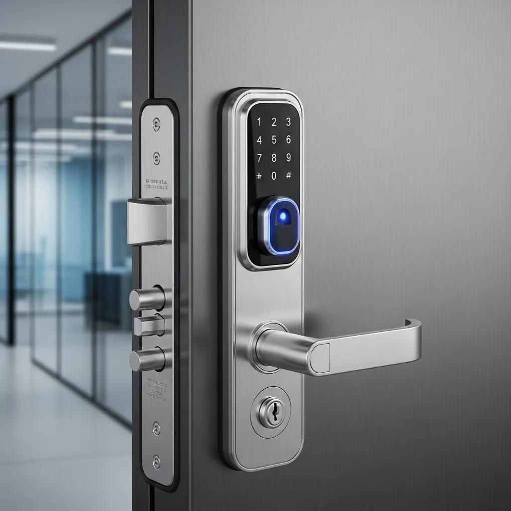 High-security locking mechanism on a commercial door featuring keypad entry and biometric access, emphasizing advanced technology and robust design for enhanced security.