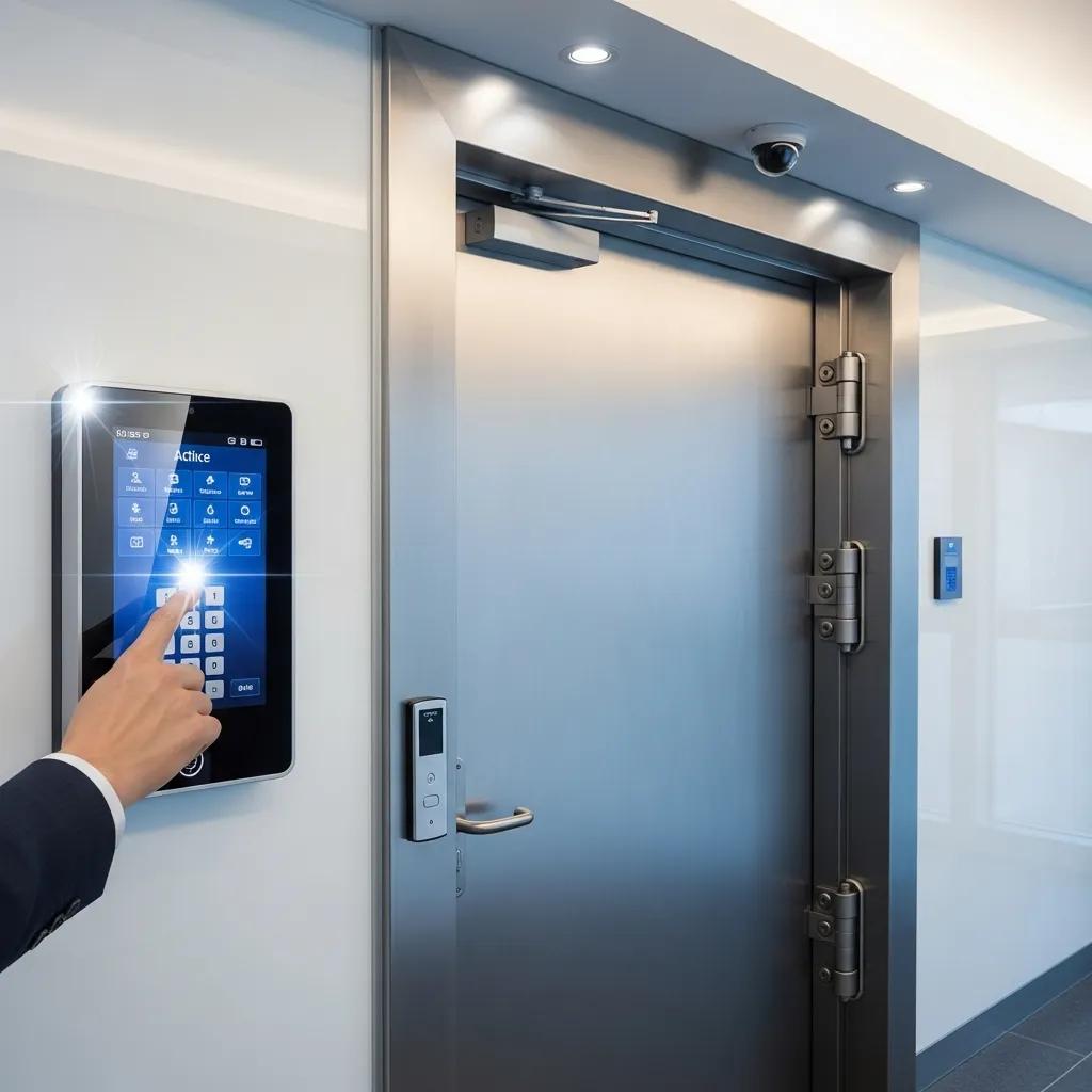 Integration of access control system with commercial security door, highlighting security technology