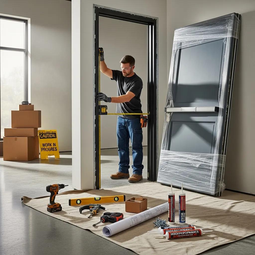 Professional installer measuring for energy-efficient security door installation