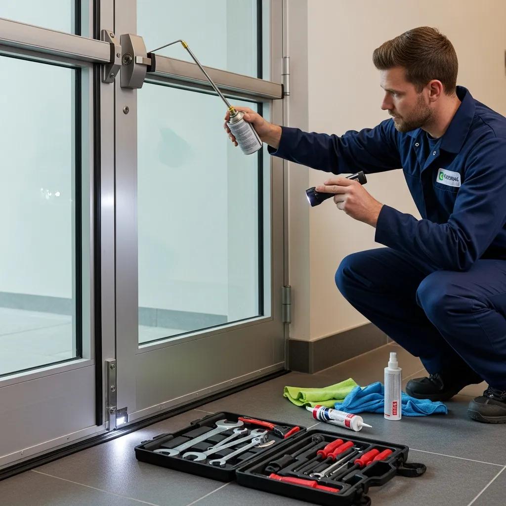 Technician performing maintenance on energy-efficient commercial security door