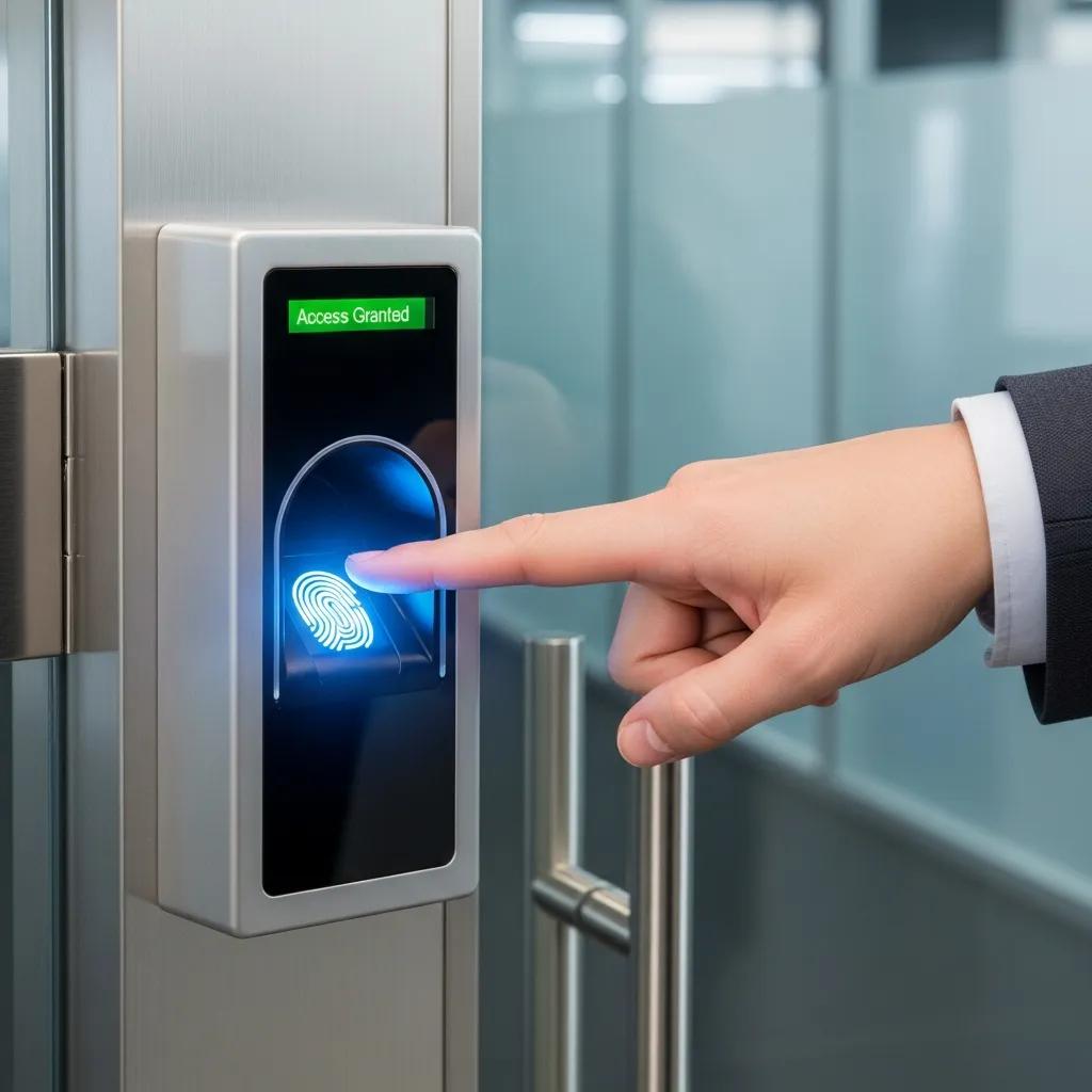 User accessing a secure area using a biometric fingerprint scanner in a modern office setting, highlighting advanced security solutions for commercial doors.