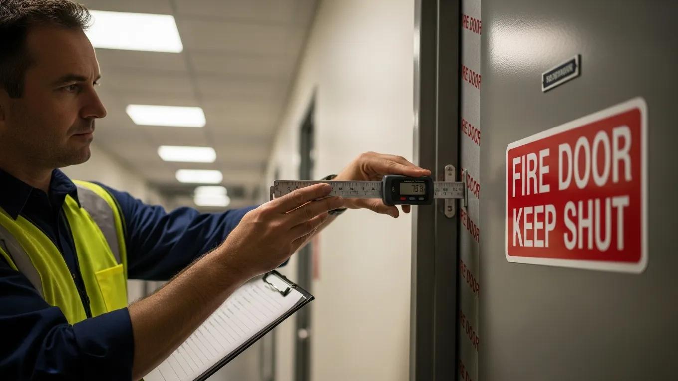 Certified inspector examining a fire door for compliance with safety standards