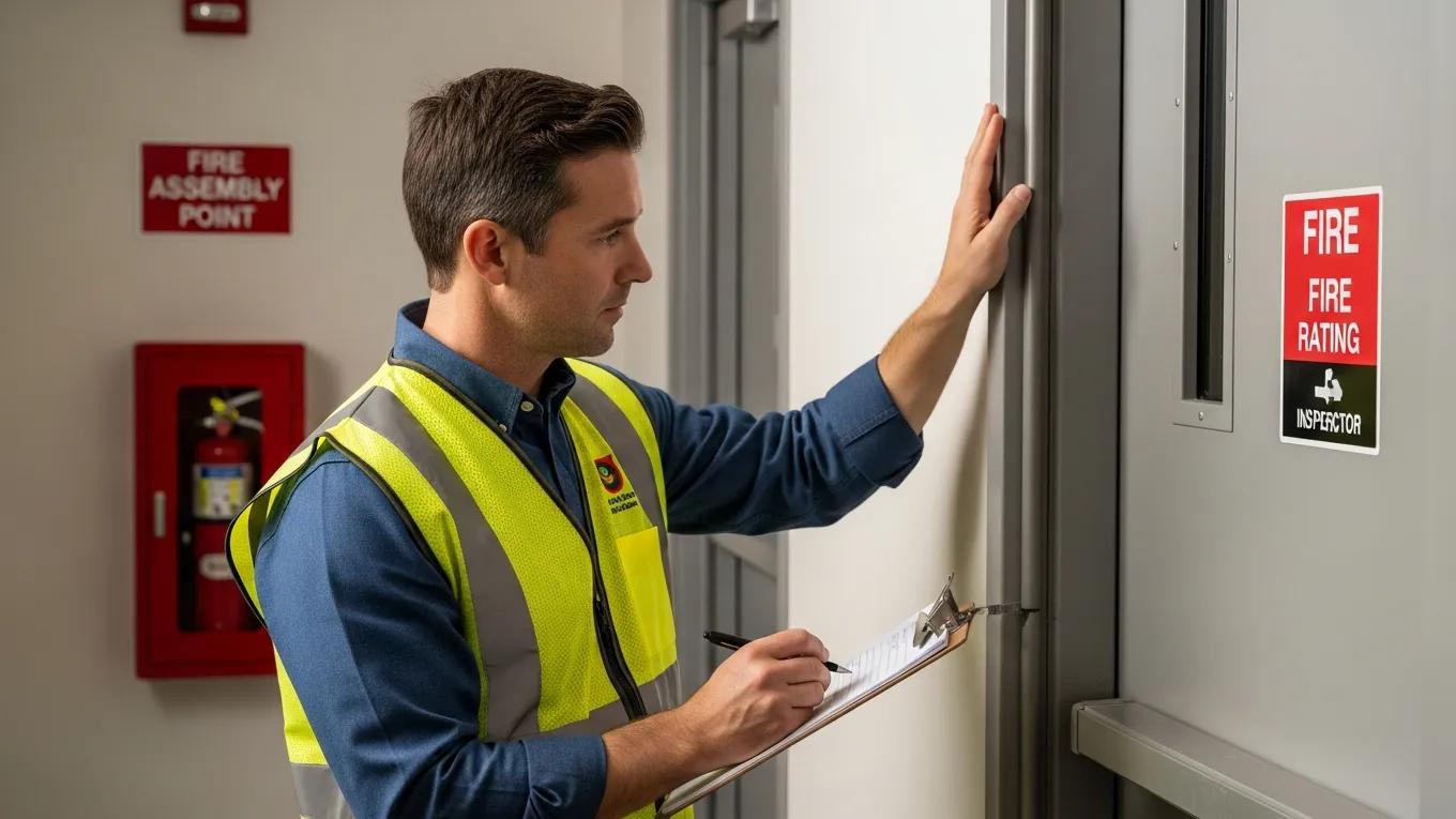 Certified inspector examining fire door seals and hinges during inspection