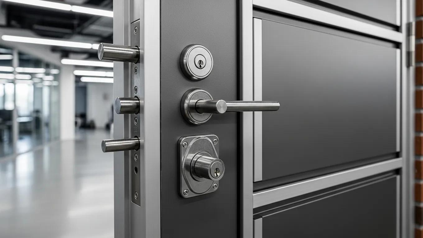 Close-up of an aluminum door showcasing advanced locking mechanisms and reinforced construction for security