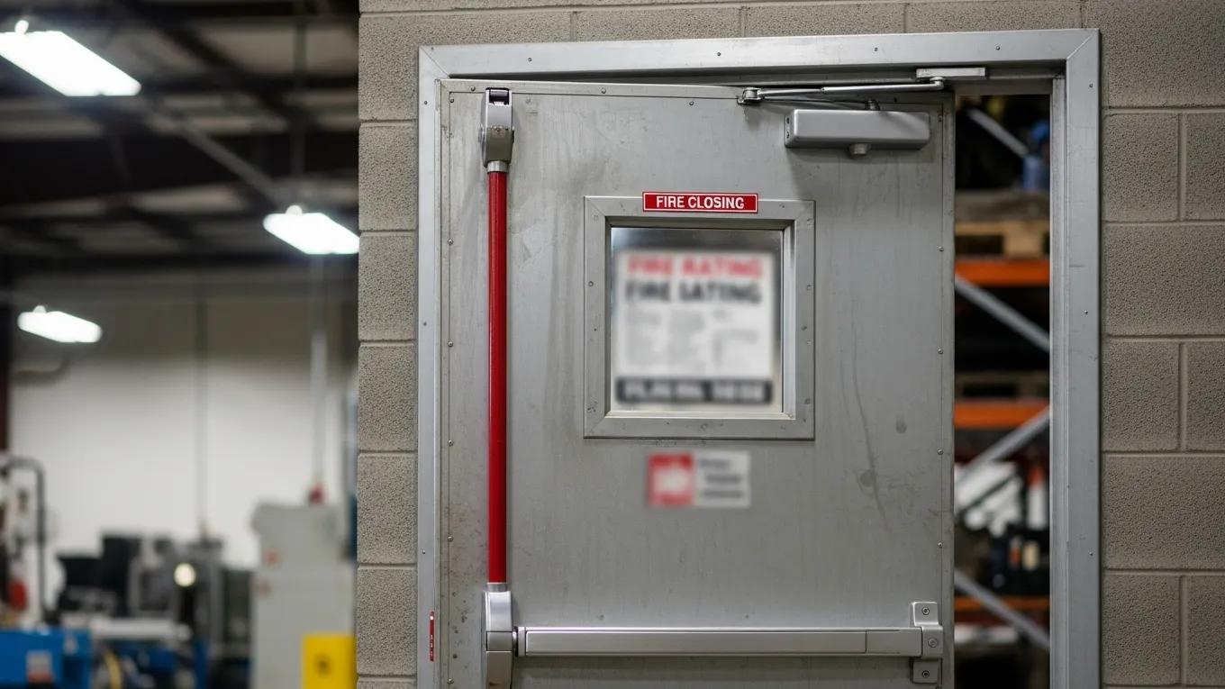 Commercial fire door showcasing safety features in an industrial setting