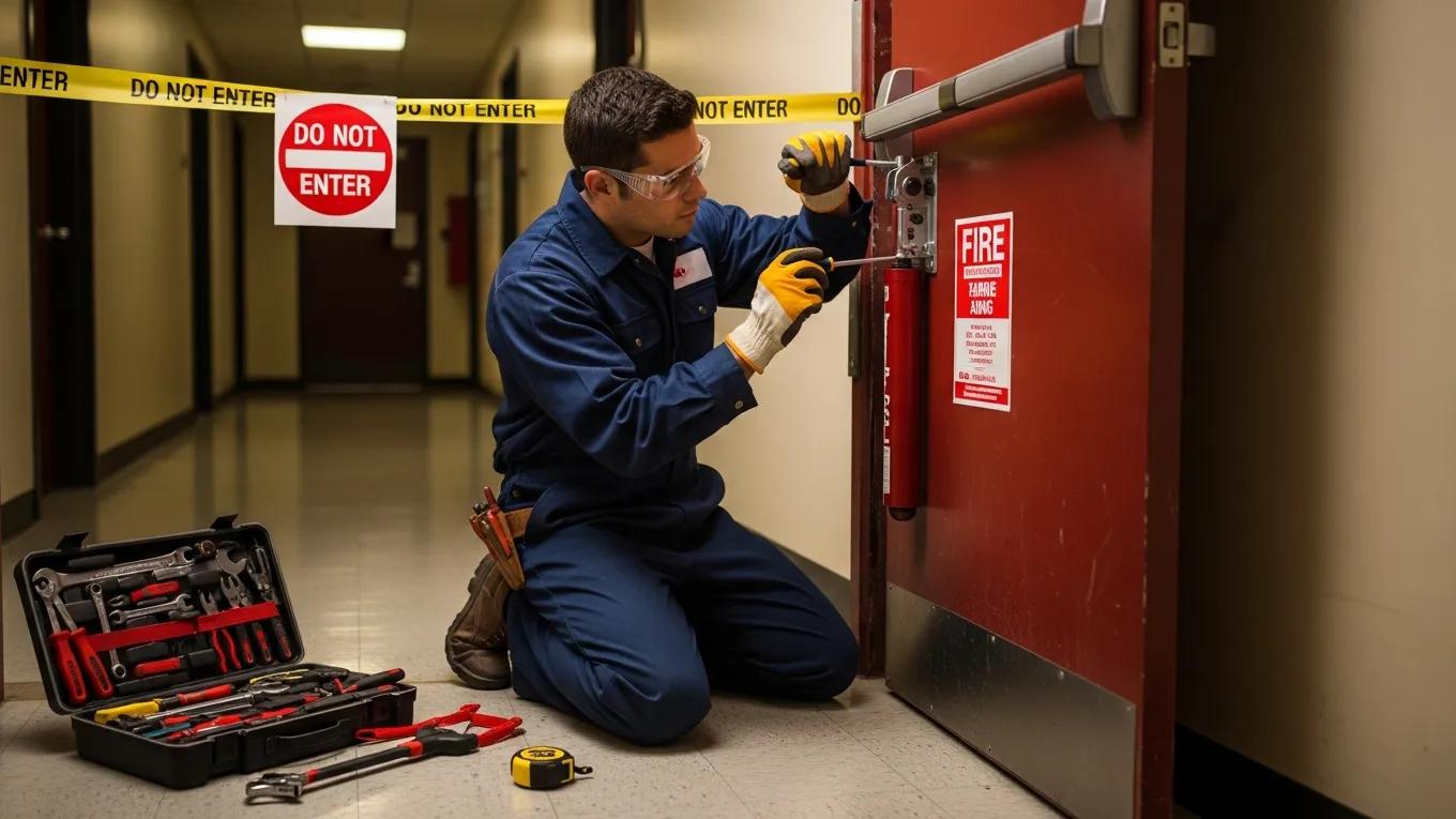 Maintenance professional repairing a fire door in a commercial environment