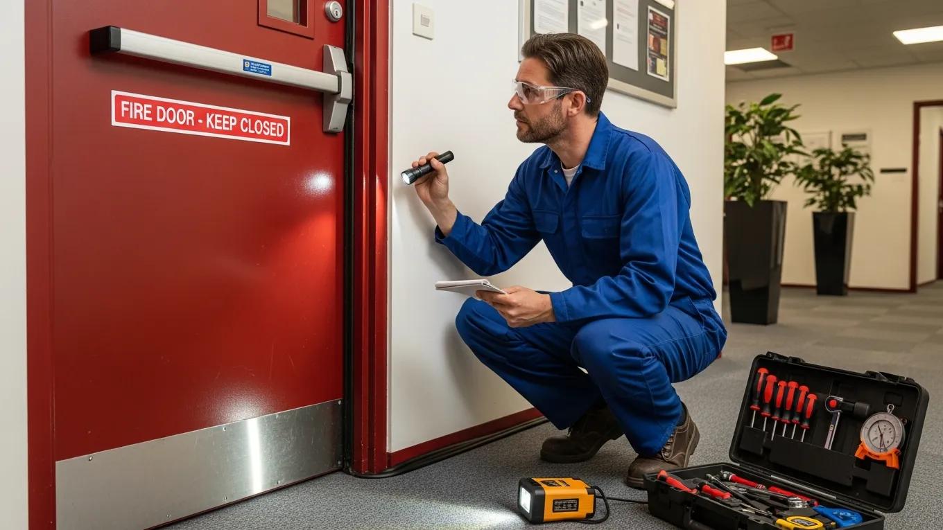 Maintenance technician checking fire door seals and hardware for compliance