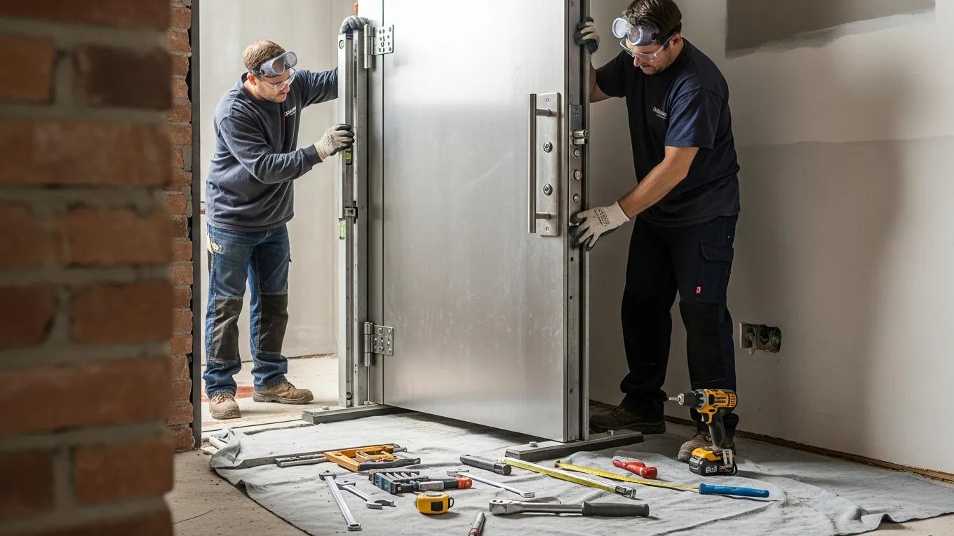 Professional installation of a custom steel door demonstrating expertise and precision