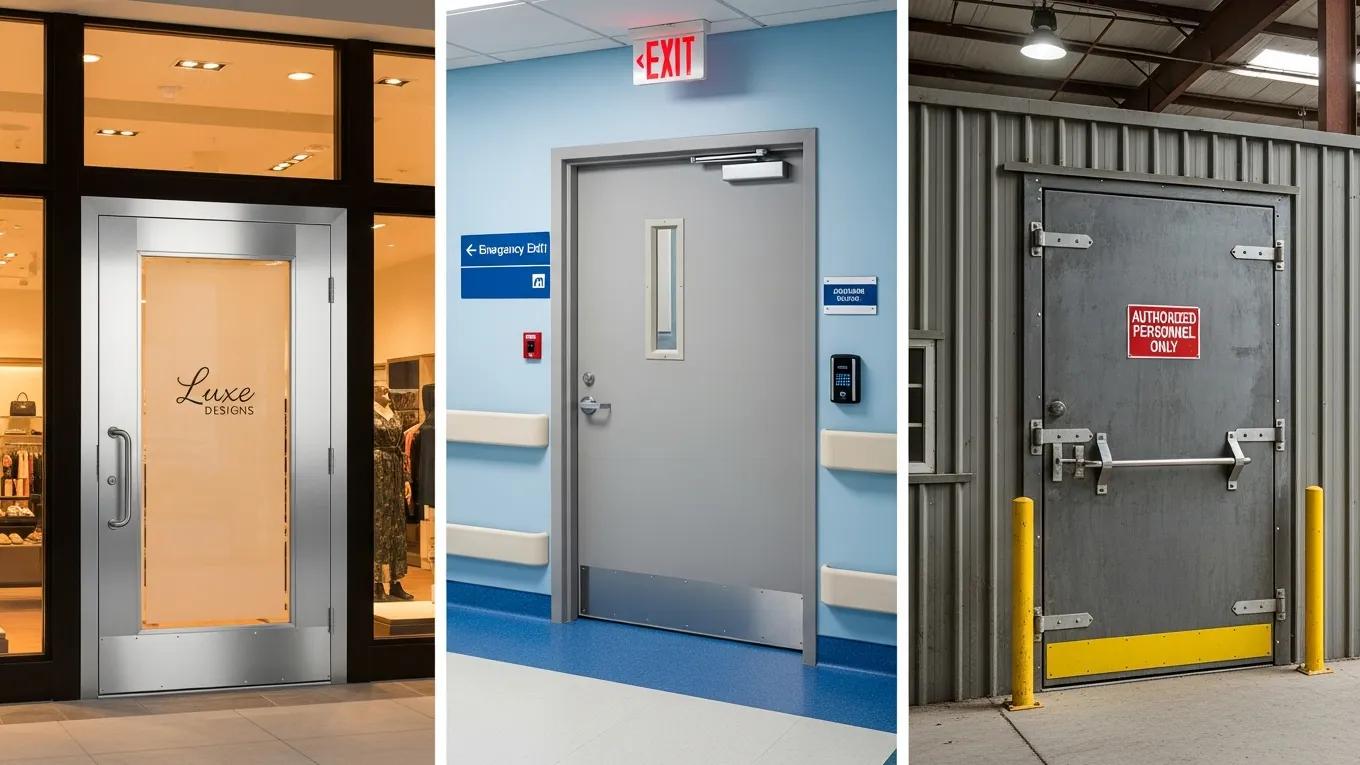 Various custom steel doors in commercial settings showcasing versatility and security