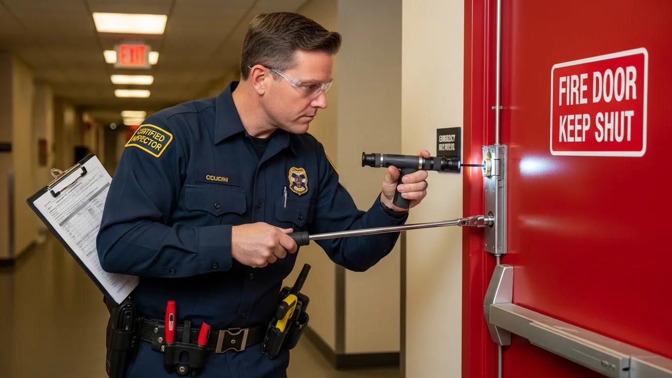 Certified inspector examining fire door seals and hardware for compliance