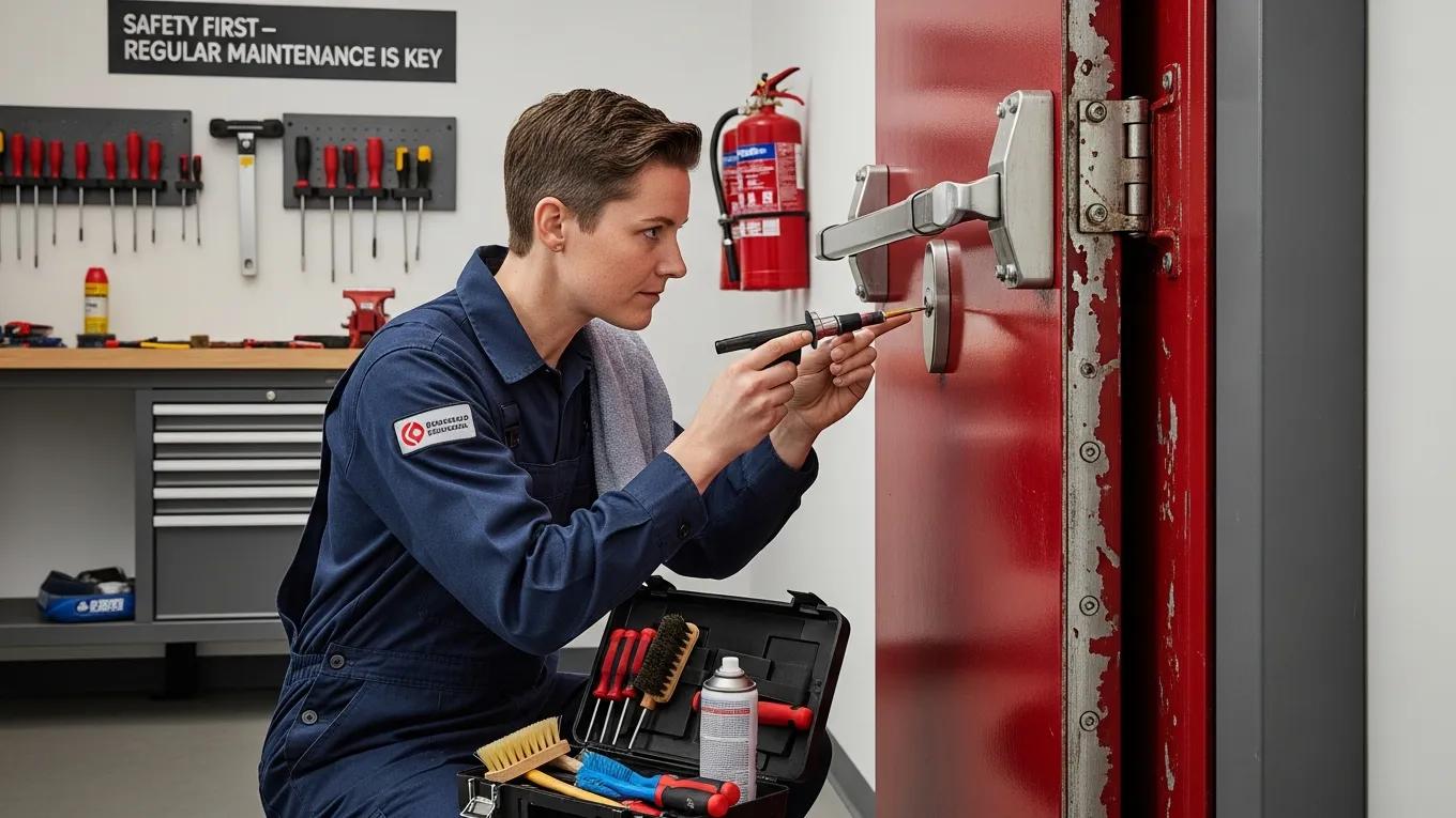 Technician performing maintenance on fire door hardware for compliance