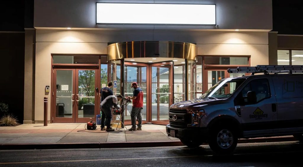 The Door Company of Ohio technicians install a revolving door at a commercial building